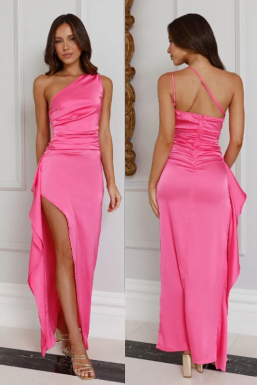 NWT Hello Molly Extra Special One Shoulder Satin Formal Maxi Dress Hot Pink 6/M